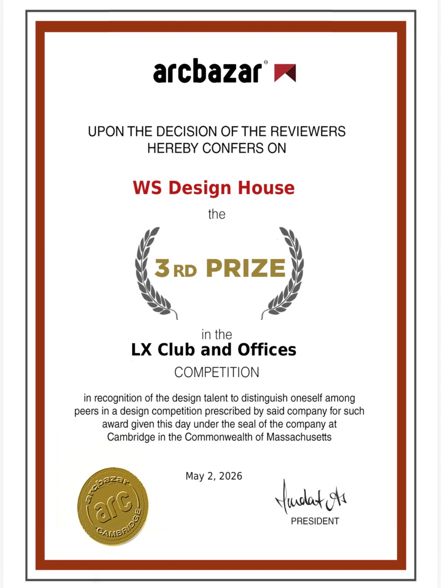 Arcbazar certificate awarding WS Design House 3rd Prize in the LX Club and Offices competition