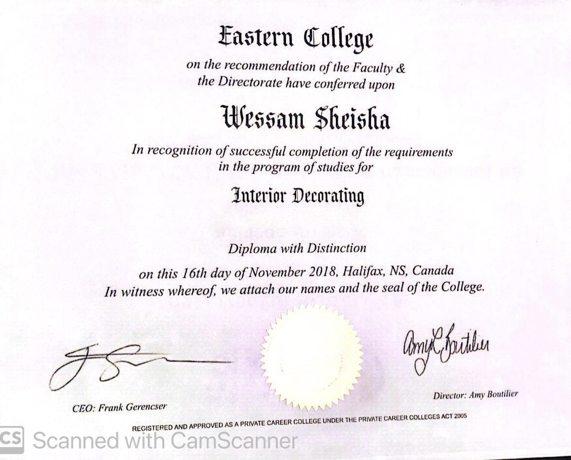 Eastern College diploma with distinction in Interior Decorating awarded to Wessam Sheisha
