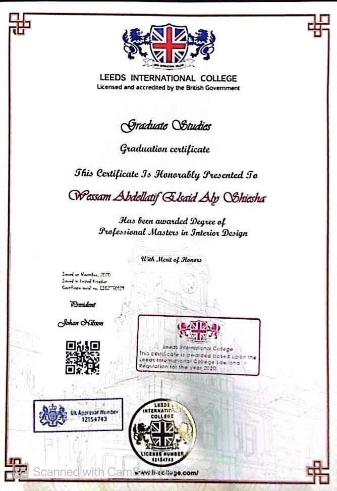 Leeds International College graduation certificate for the Professional Masters in Interior Design, awarded with merit of honors