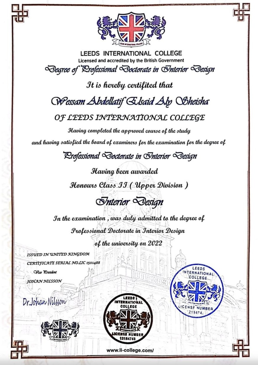 Leeds International College Professional Doctorate in Interior Design certificate for Wessam Abdellatif Elsaid Aly Sheisha