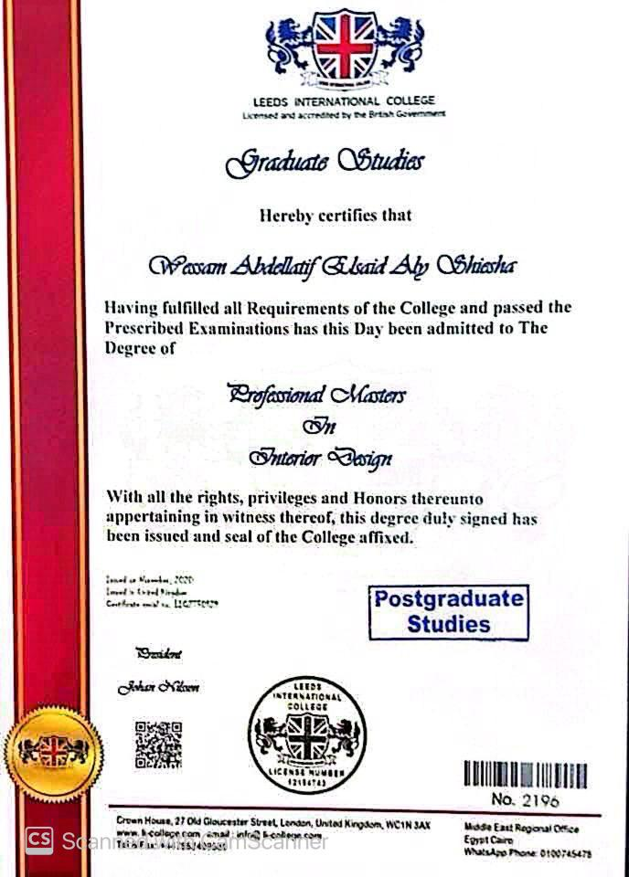 Leeds International College Professional Masters in Interior Design degree certificate for Wessam Abdellatif Elsaid Aly Sheisha
