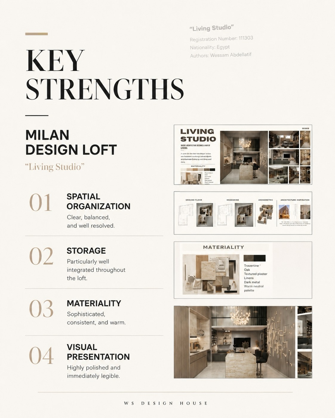 Key strengths of the Living Studio proposal: spatial organization, storage, materiality, visual presentation