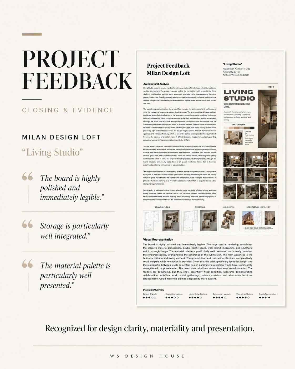 Closing evidence board for the Milan Design Loft, Living Studio proposal