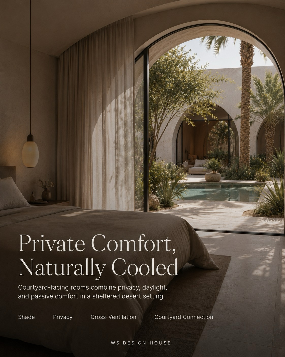 Courtyard-facing bedroom with cross-ventilation and private outdoor connection